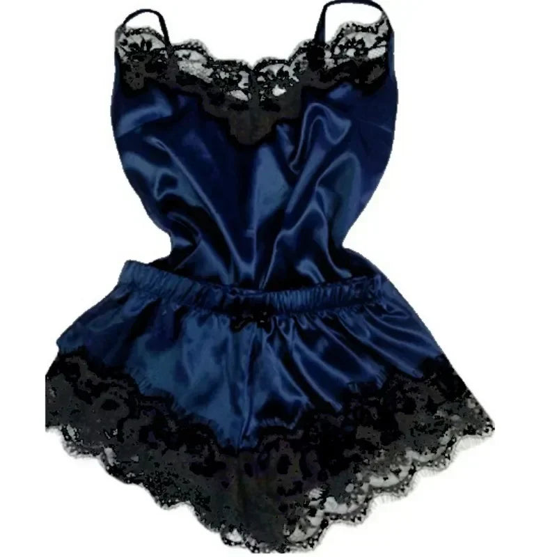 🌸 Ensemble pyjama femme en dentelle et finition soie – caraco et short – lingerie de nuit 2 pièces