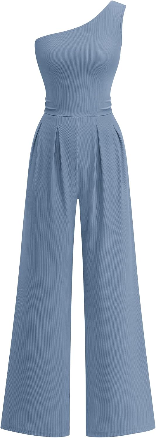 KIRUNDO – Combinaison femme élégante asymétrique, taille froncée et pantalon large avec poches