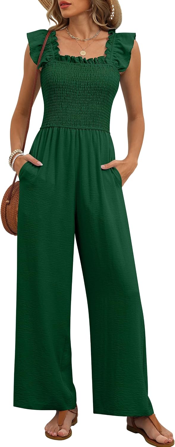 🤎 Caracilia – Combinaison élégante pour femme, corsage smocké, manches à volants et pantalon large avec poches