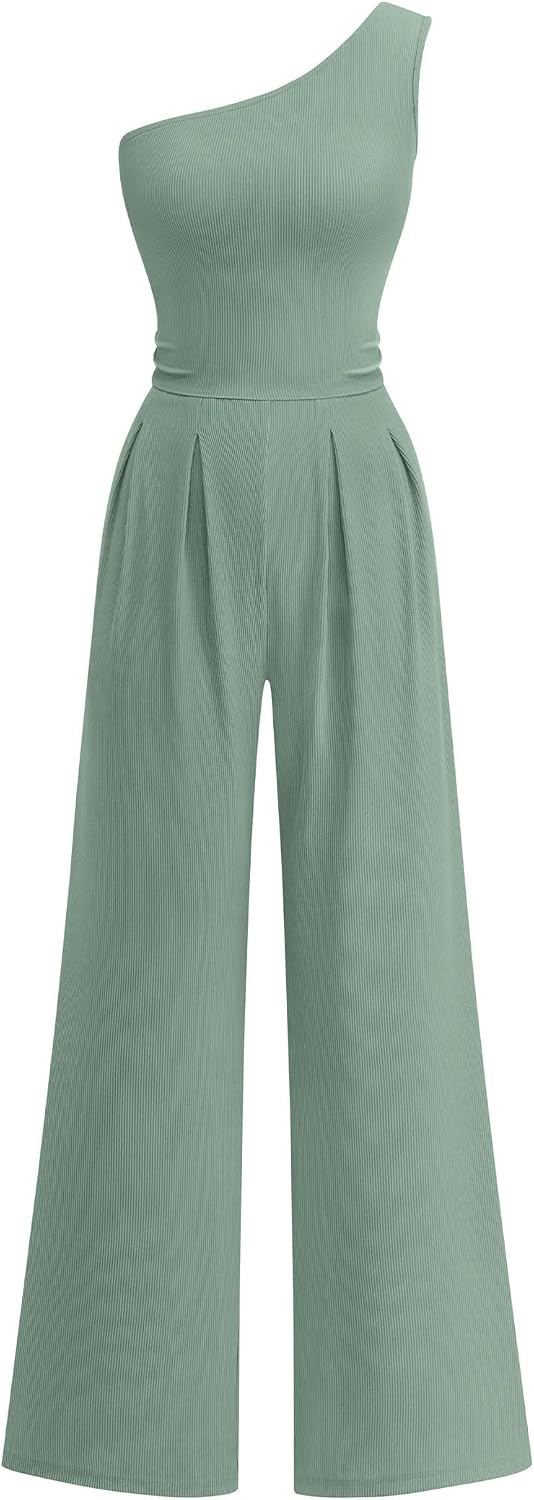 KIRUNDO – Combinaison femme élégante asymétrique, taille froncée et pantalon large avec poches