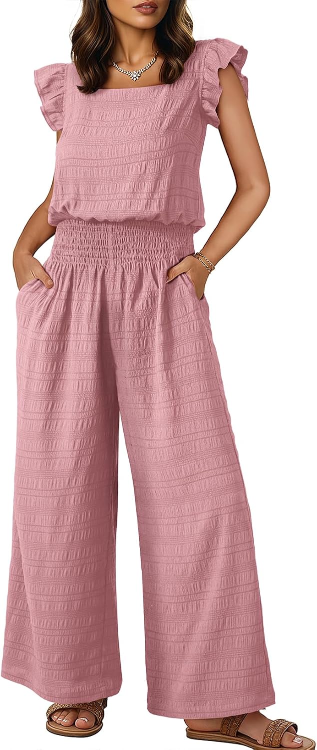 Dokotoo – Combinaison femme smockée sans manches, col carré et pantalon large avec poches