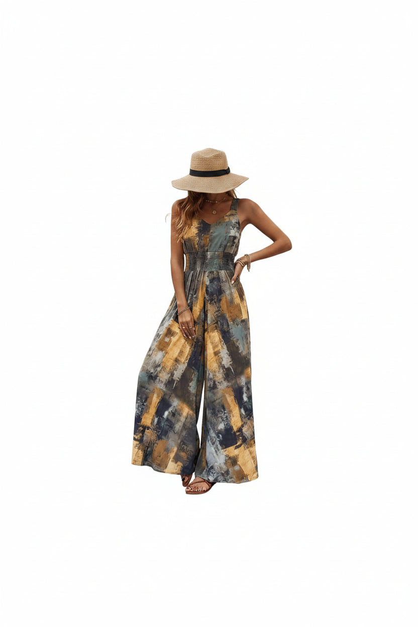 🌿 CHICME – Combinaison Femme à Imprimé Abstrait, Sans Manches & Pantalon Large – Chic Artistique