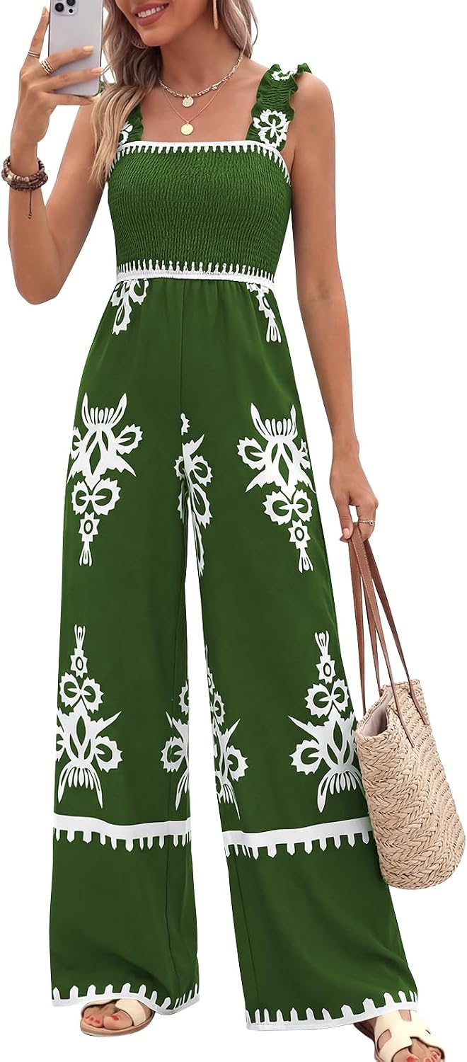 🌸 PRETTYGARDEN – Combinaison bohème fleurie pour femme, bretelles froncées et pantalon palazzo