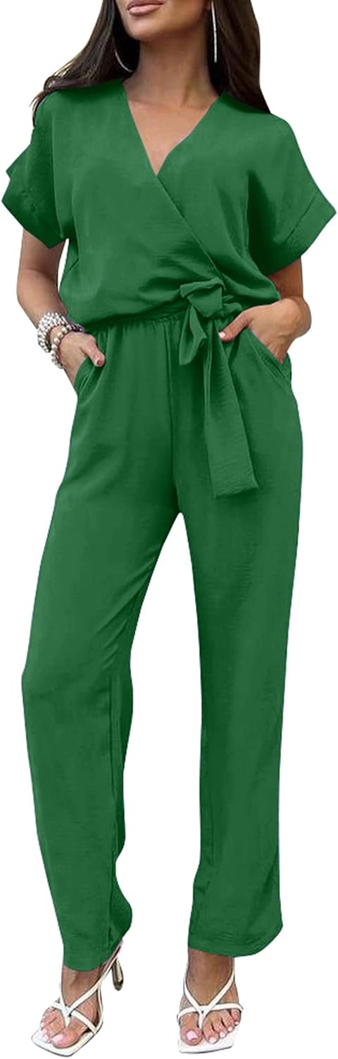 PRETTYGARDEN – Combinaison femme élégante, col V cache-cœur, taille nouée et pantalon large