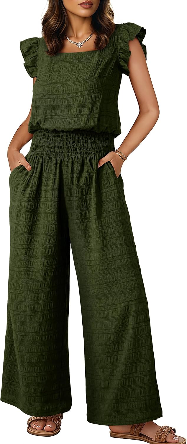 Dokotoo – Combinaison femme smockée sans manches, col carré et pantalon large avec poches