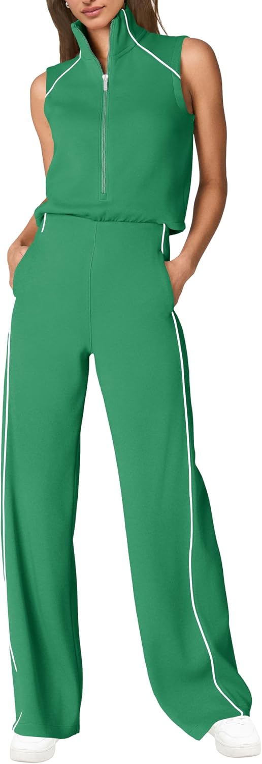 🖤 SENSERISE – Combinaison Femme Sans Manches, Col Montant Zippé & Pantalon Large avec Poches