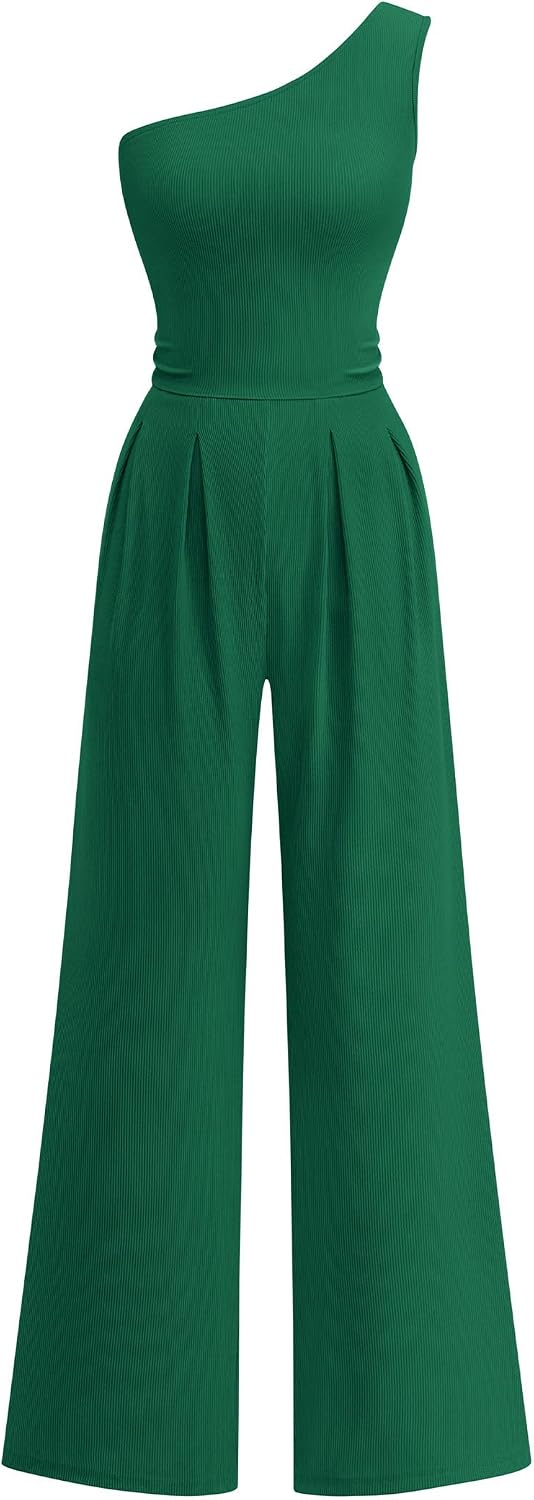 KIRUNDO – Combinaison femme élégante asymétrique, taille froncée et pantalon large avec poches