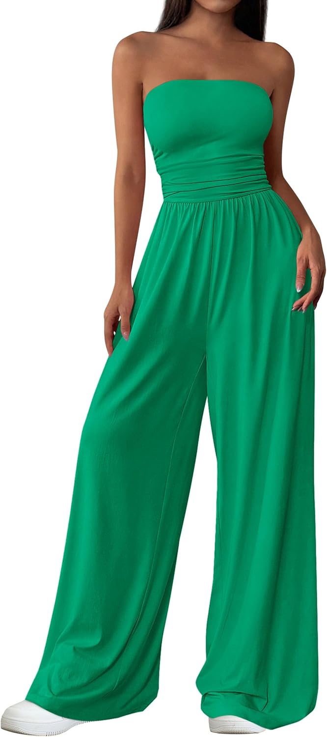 PRETTYGARDEN – Combinaison Femme Bustier Sans Bretelles, Taille Haute & Pantalon Large – Chic Vacances