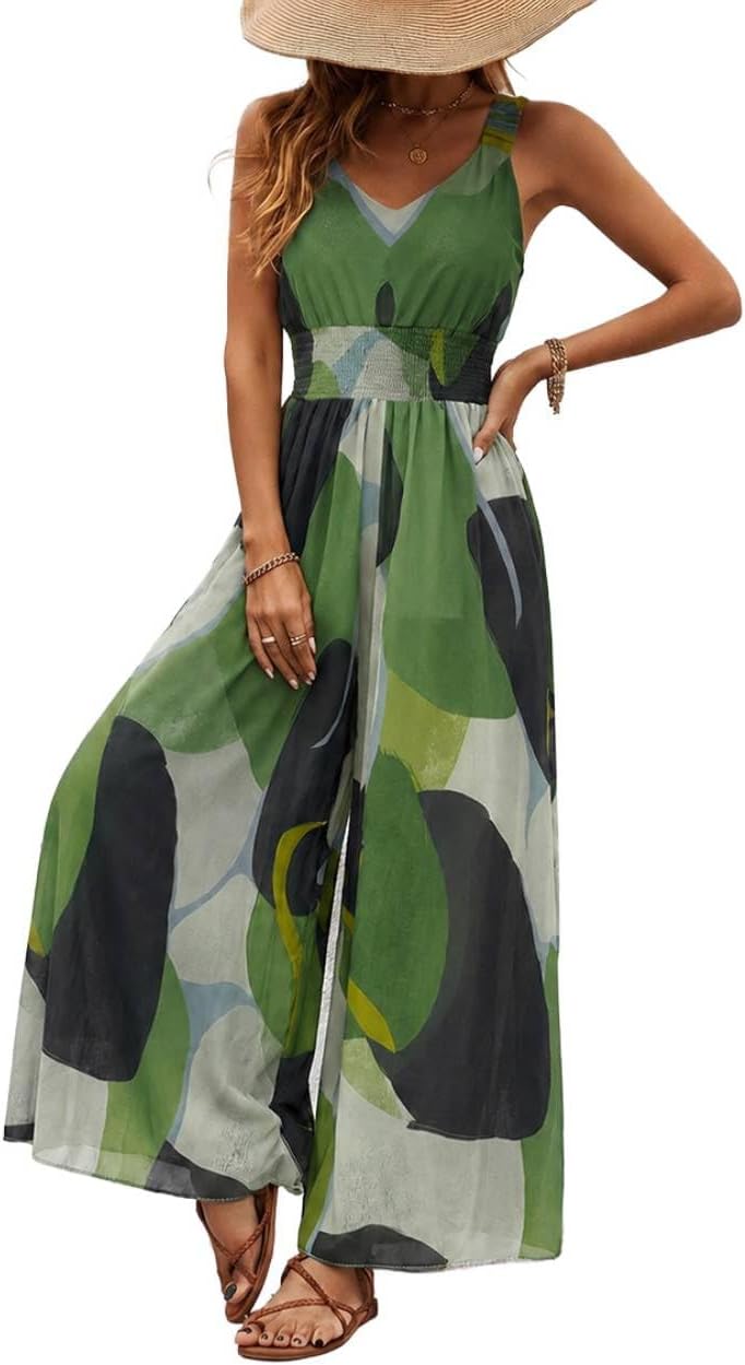 🌿 CHICME – Combinaison Femme à Imprimé Abstrait, Sans Manches & Pantalon Large – Chic Artistique
