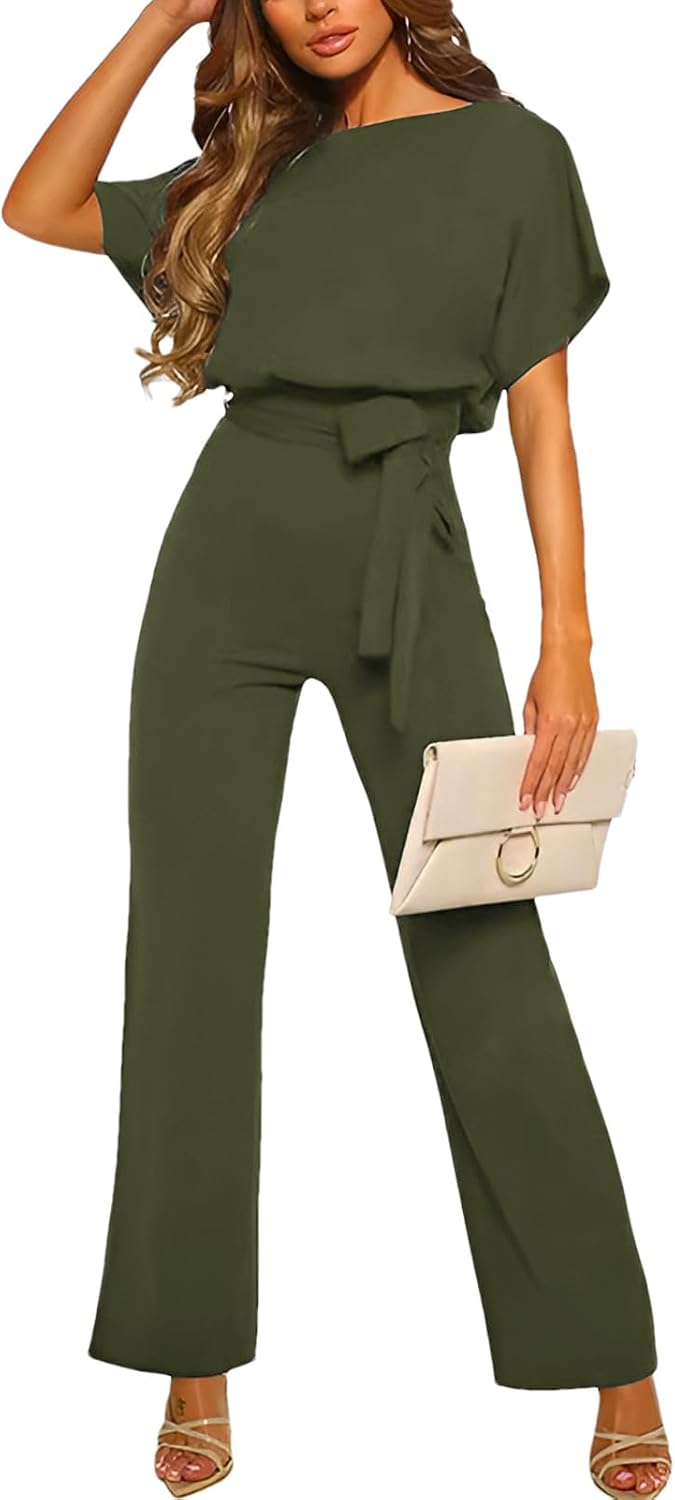 ✨ amropi – Combinaison Femme Élégante à Manches Courtes, Taille Nouée & Jambes Larges