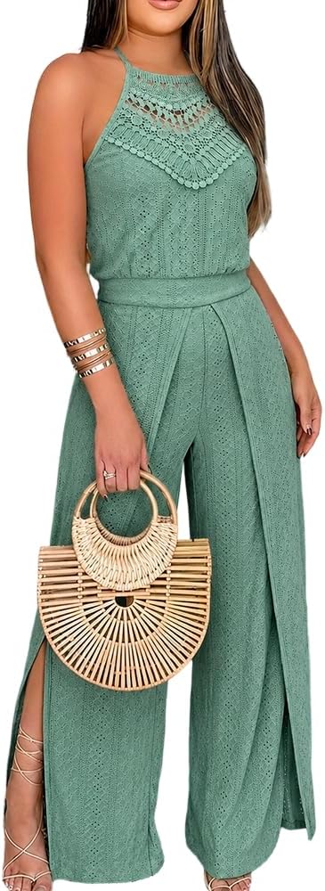 💚 CHICME – Combinaison Femme à broderie ajourée, col licou en crochet & pantalon large fendu