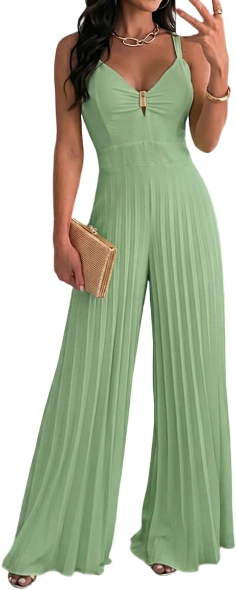 💛 CHICME – Combinaison femme plissée jaune, décolleté en V profond & pantalon large doublé