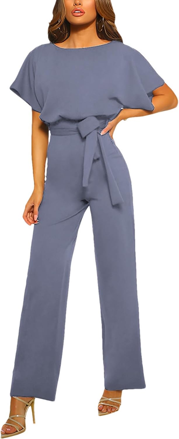 ✨ amropi – Combinaison Femme Élégante à Manches Courtes, Taille Nouée & Jambes Larges