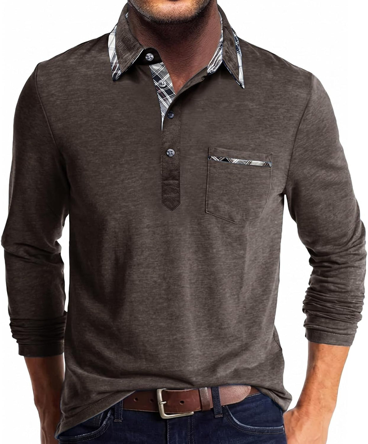Polo homme manches longues à col à carreaux – Modèle élégant avec poche