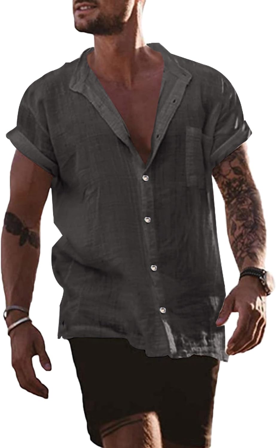 YAOBAOLE – Chemise Homme en Lin à Manches Courtes – Col Mao, Légère & Décontractée pour l’Été