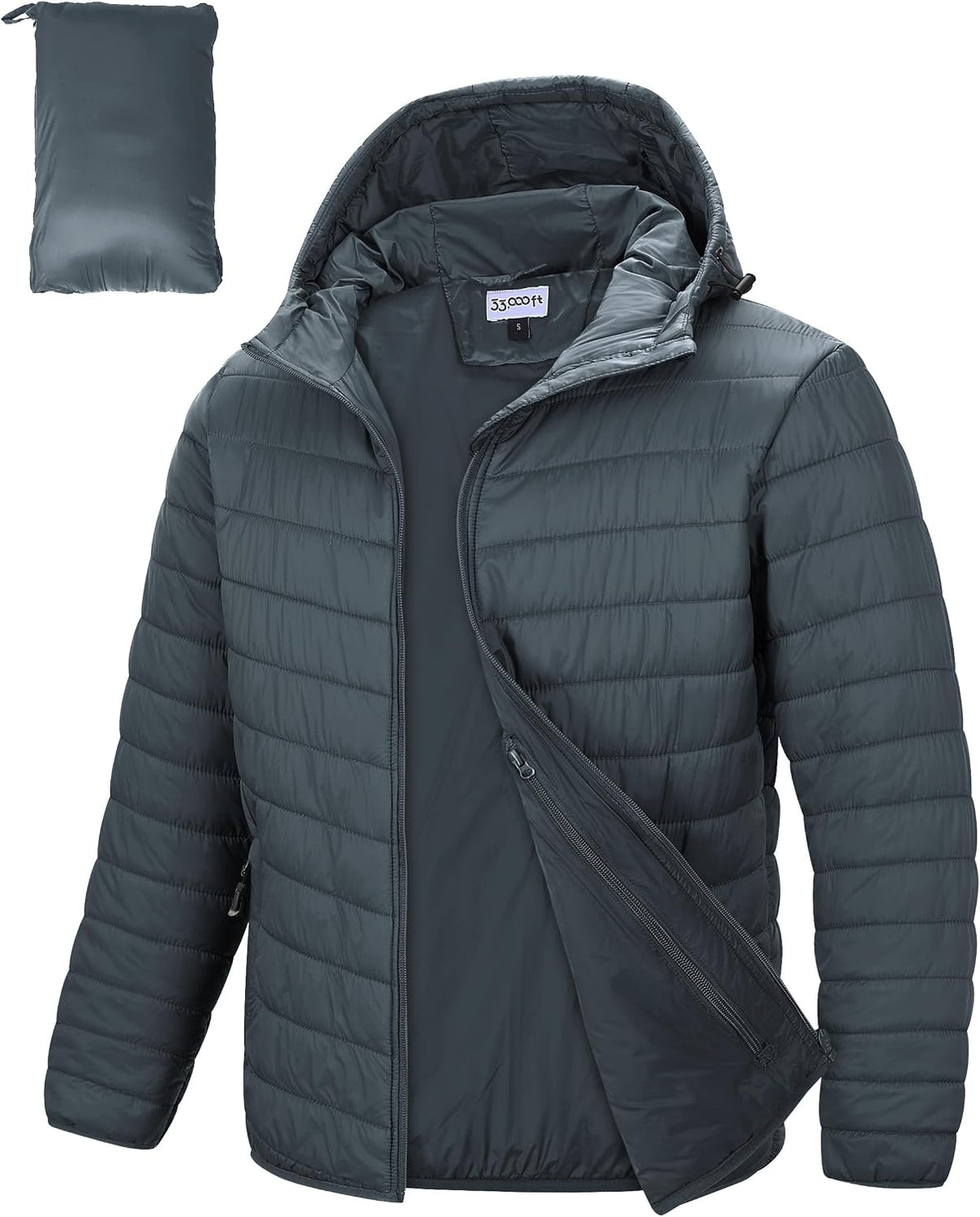 33,000ft – Veste matelassée légère à capuche pour homme – Chaude, résistante à l’eau et pliable