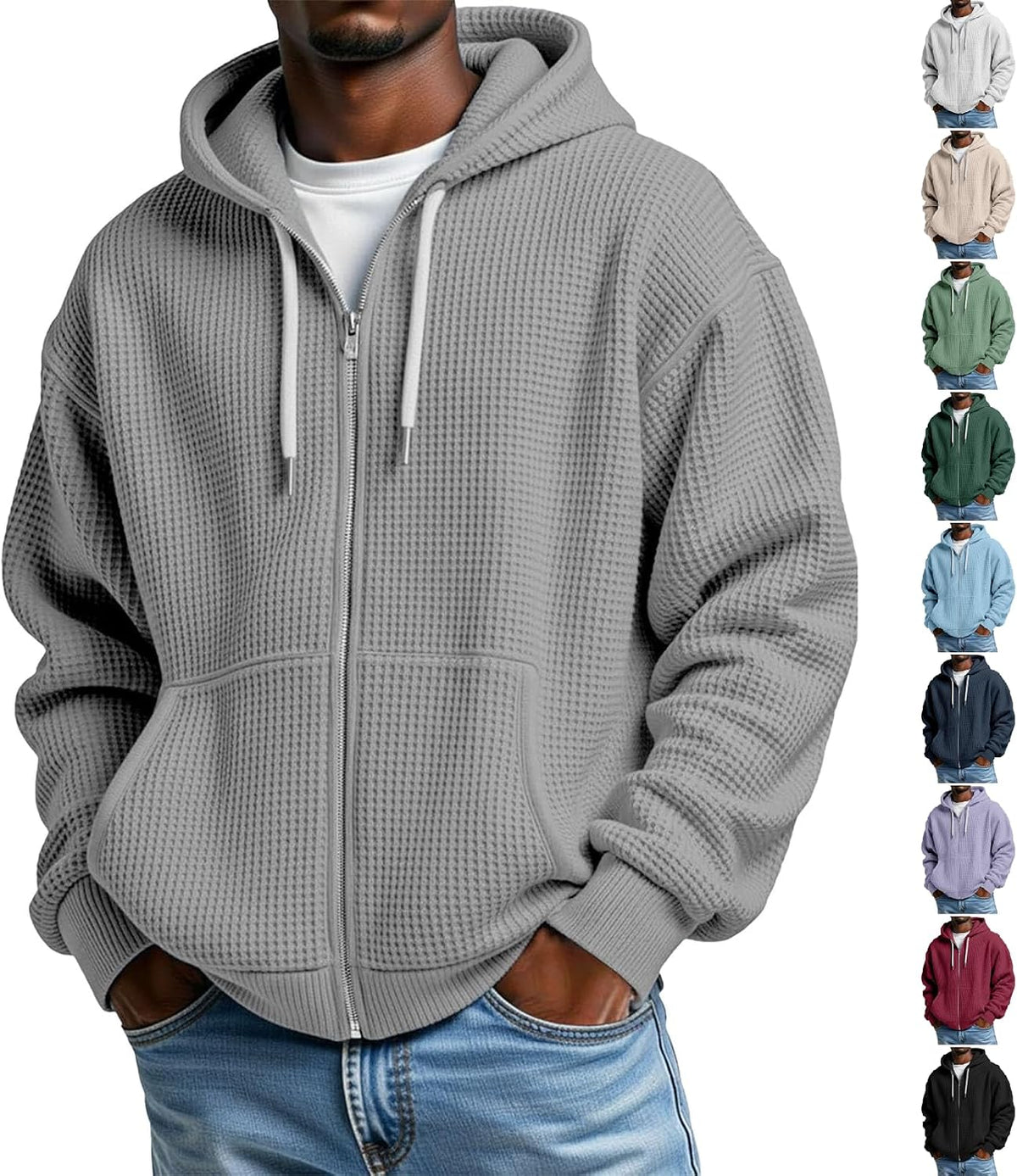 Veste homme à capuche zippée, coupe oversize gaufrée