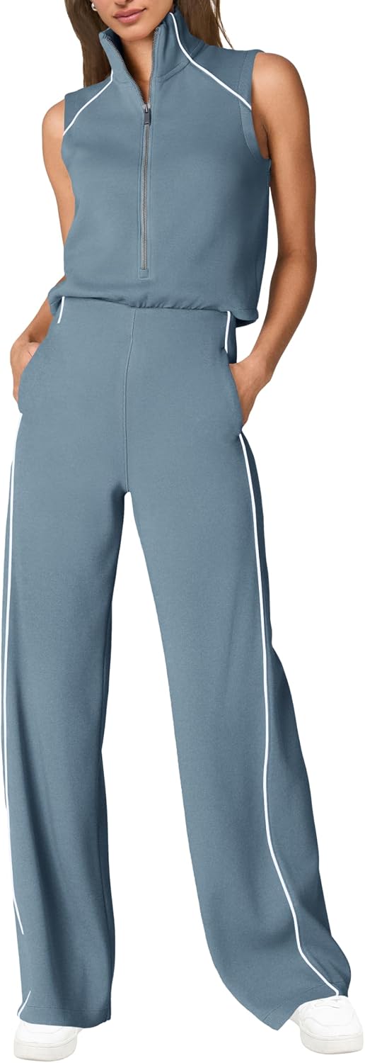 🖤 SENSERISE – Combinaison Femme Sans Manches, Col Montant Zippé & Pantalon Large avec Poches