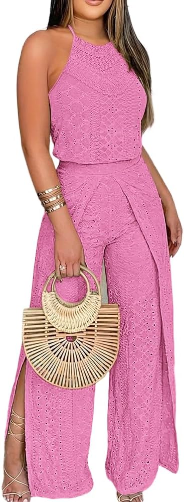 💚 CHICME – Combinaison Femme à broderie ajourée, col licou en crochet & pantalon large fendu
