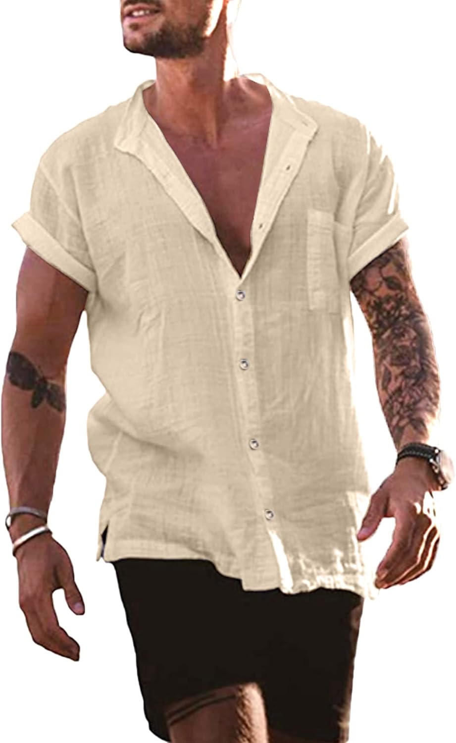 YAOBAOLE – Chemise Homme en Lin à Manches Courtes – Col Mao, Légère & Décontractée pour l’Été