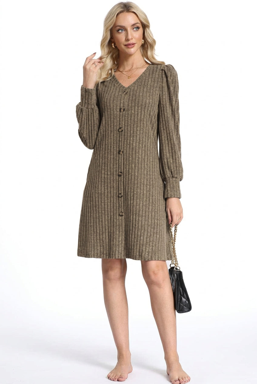 Robe tunique en tricot femme – Col V et boutons latéraux