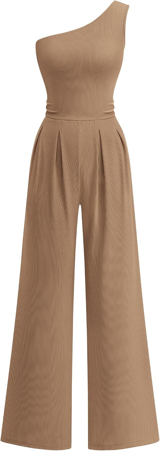 KIRUNDO – Combinaison femme élégante asymétrique, taille froncée et pantalon large avec poches