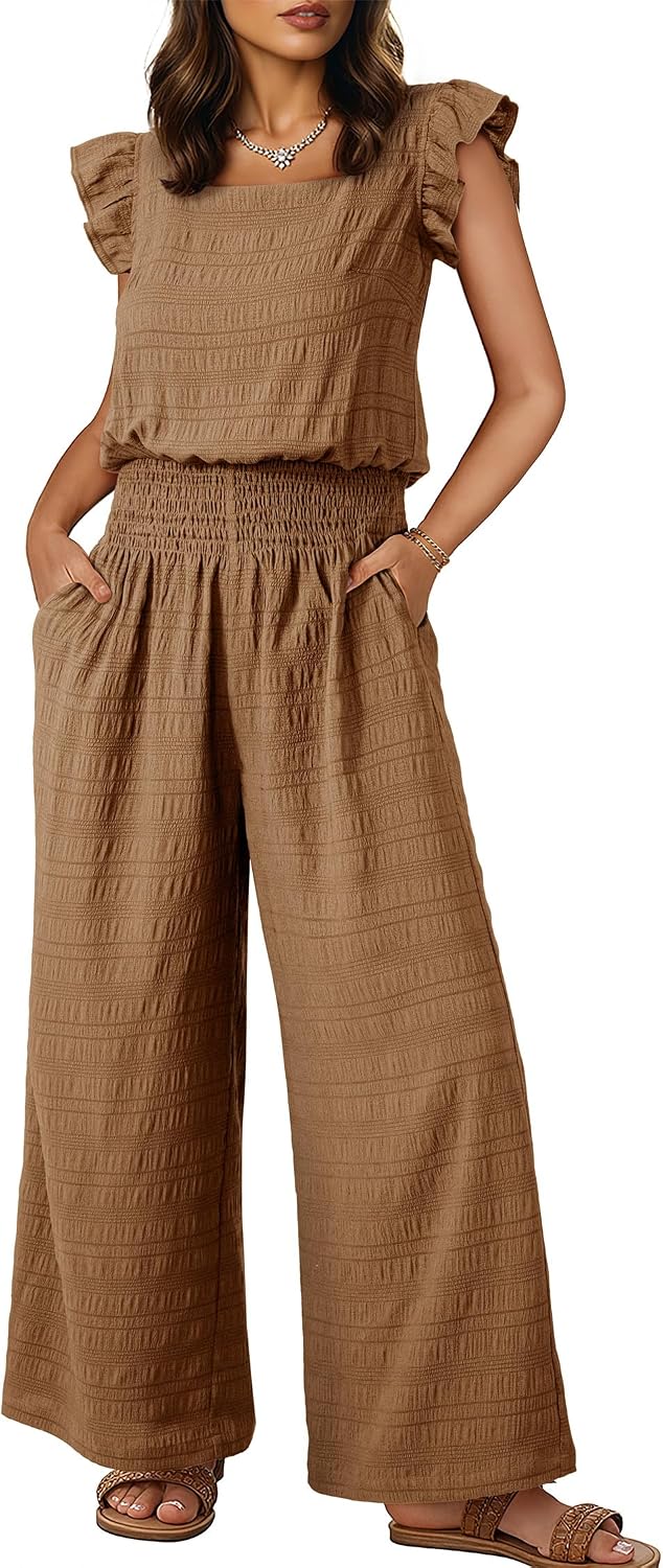 Dokotoo – Combinaison femme smockée sans manches, col carré et pantalon large avec poches