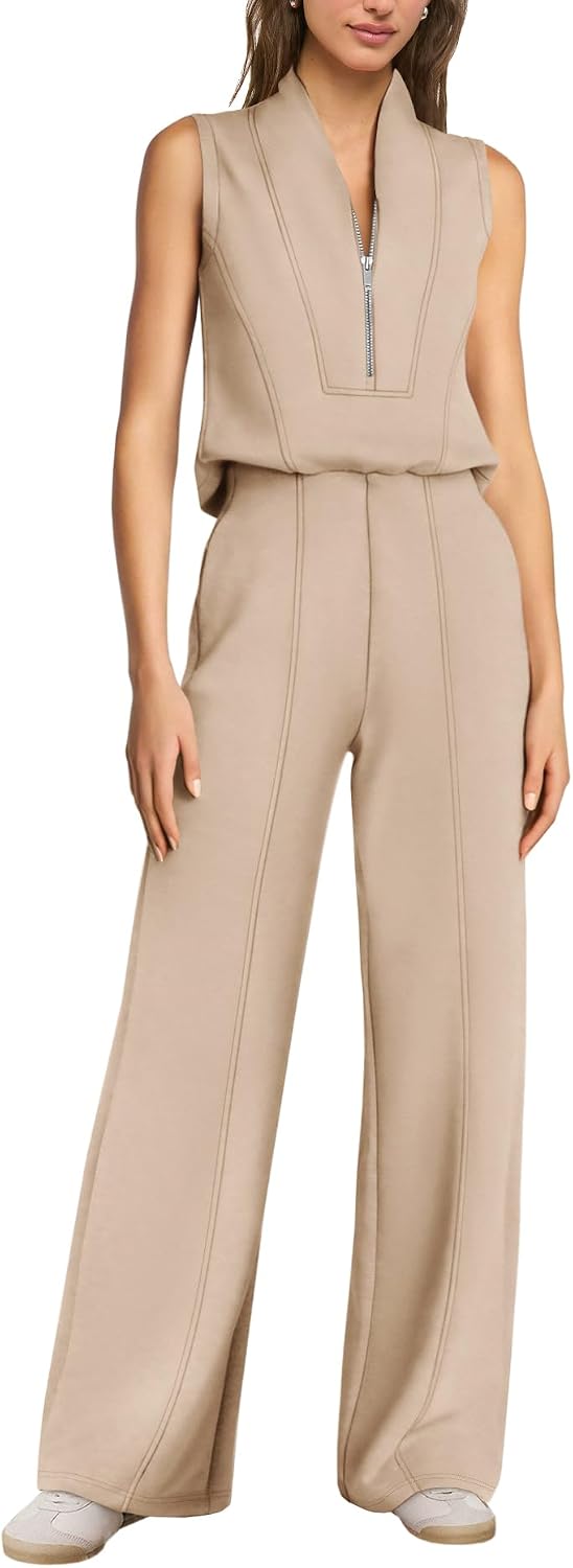 SENSERISE – Combinaison de voyage pour femme à jambes larges, demi-zip et coupe décontractée chic