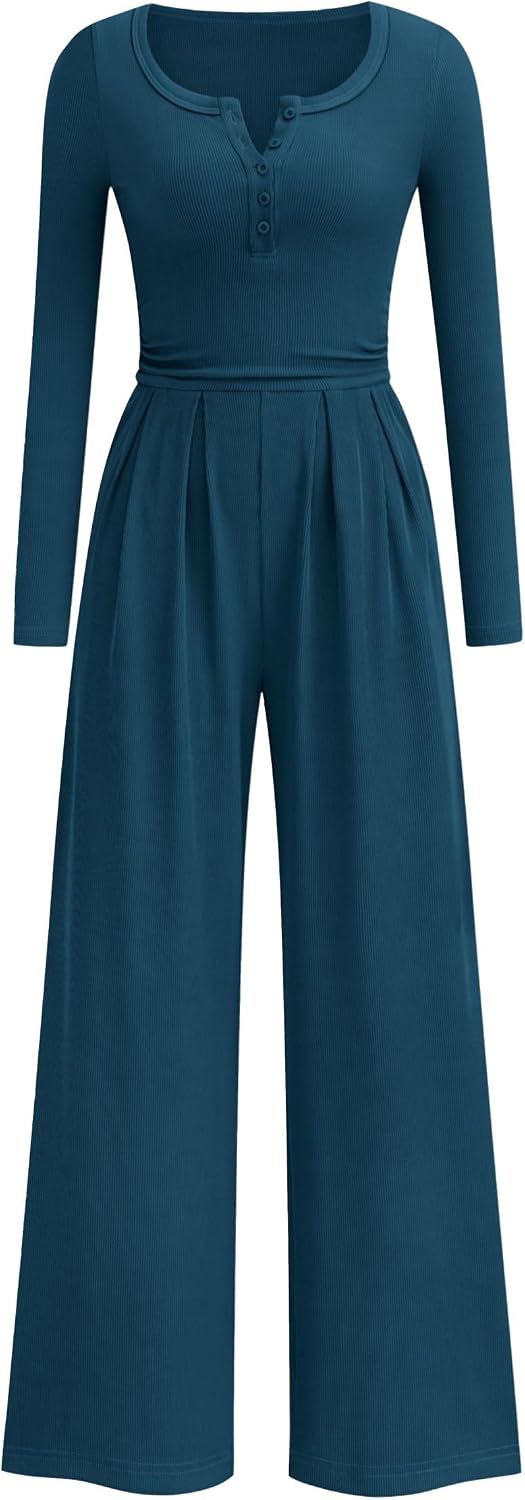 PRETTYGARDEN – Combinaison Palazzo Femme à Manches Longues, Taille Froncée & Poches
