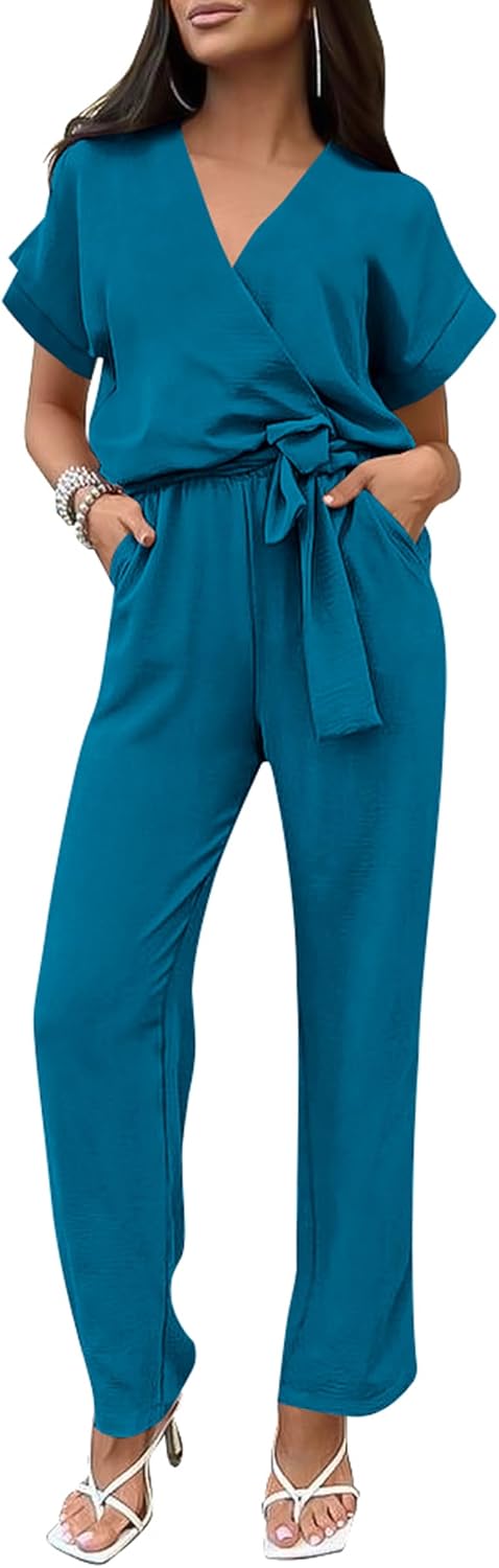PRETTYGARDEN – Combinaison femme élégante, col V cache-cœur, taille nouée et pantalon large