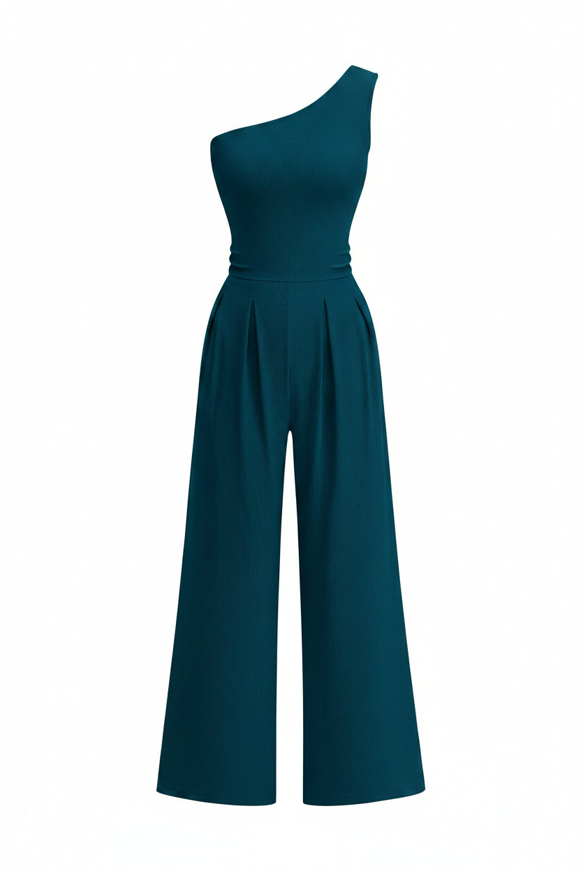 KIRUNDO – Combinaison femme élégante asymétrique, taille froncée et pantalon large avec poches