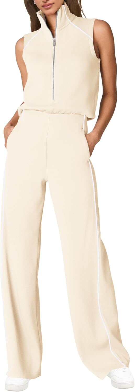 🖤 SENSERISE – Combinaison Femme Sans Manches, Col Montant Zippé & Pantalon Large avec Poches