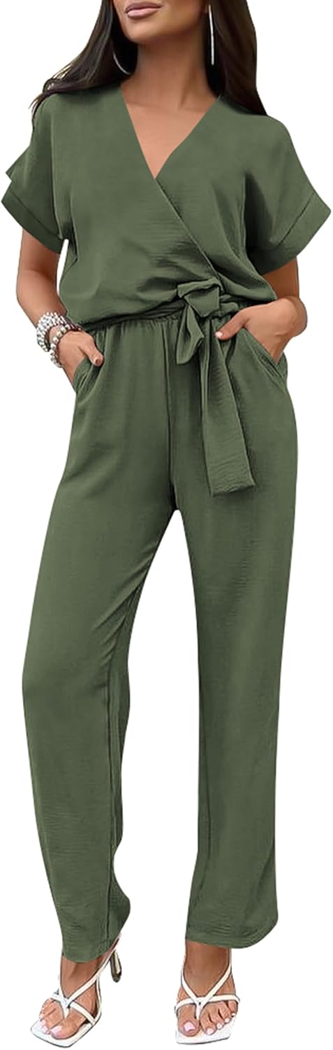 PRETTYGARDEN – Combinaison femme élégante, col V cache-cœur, taille nouée et pantalon large