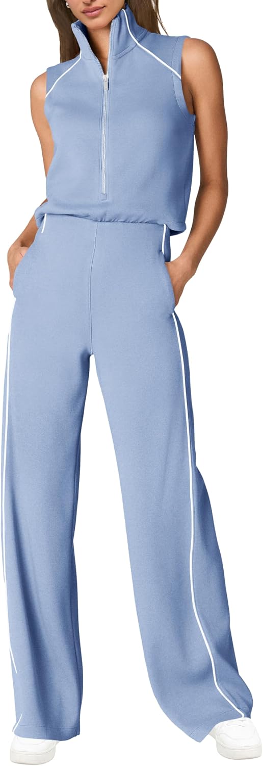 🖤 SENSERISE – Combinaison Femme Sans Manches, Col Montant Zippé & Pantalon Large avec Poches