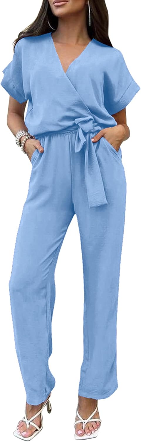 PRETTYGARDEN – Combinaison femme élégante, col V cache-cœur, taille nouée et pantalon large