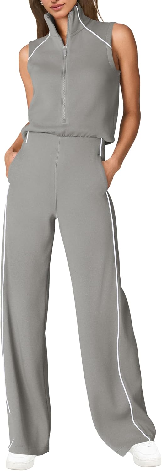 🖤 SENSERISE – Combinaison Femme Sans Manches, Col Montant Zippé & Pantalon Large avec Poches