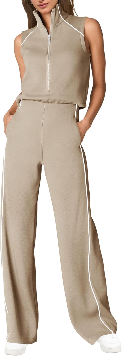 🖤 SENSERISE – Combinaison Femme Sans Manches, Col Montant Zippé & Pantalon Large avec Poches