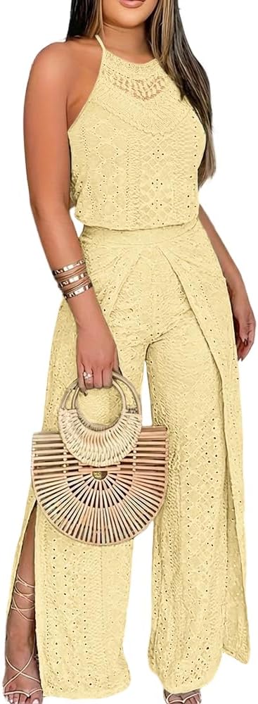 💚 CHICME – Combinaison Femme à broderie ajourée, col licou en crochet & pantalon large fendu