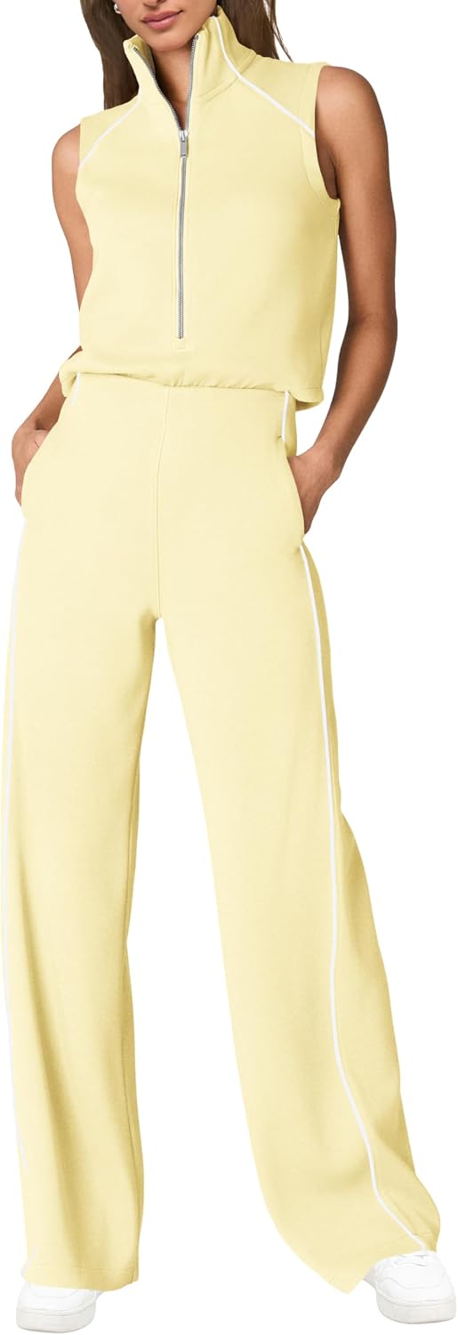 🖤 SENSERISE – Combinaison Femme Sans Manches, Col Montant Zippé & Pantalon Large avec Poches