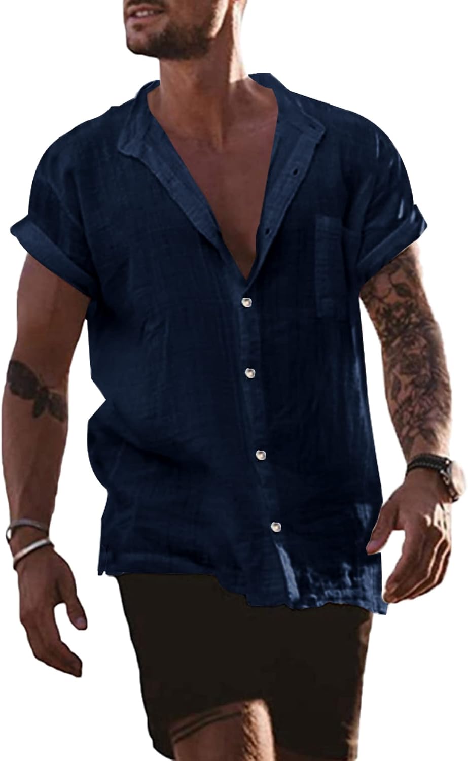 YAOBAOLE – Chemise Homme en Lin à Manches Courtes – Col Mao, Légère & Décontractée pour l’Été