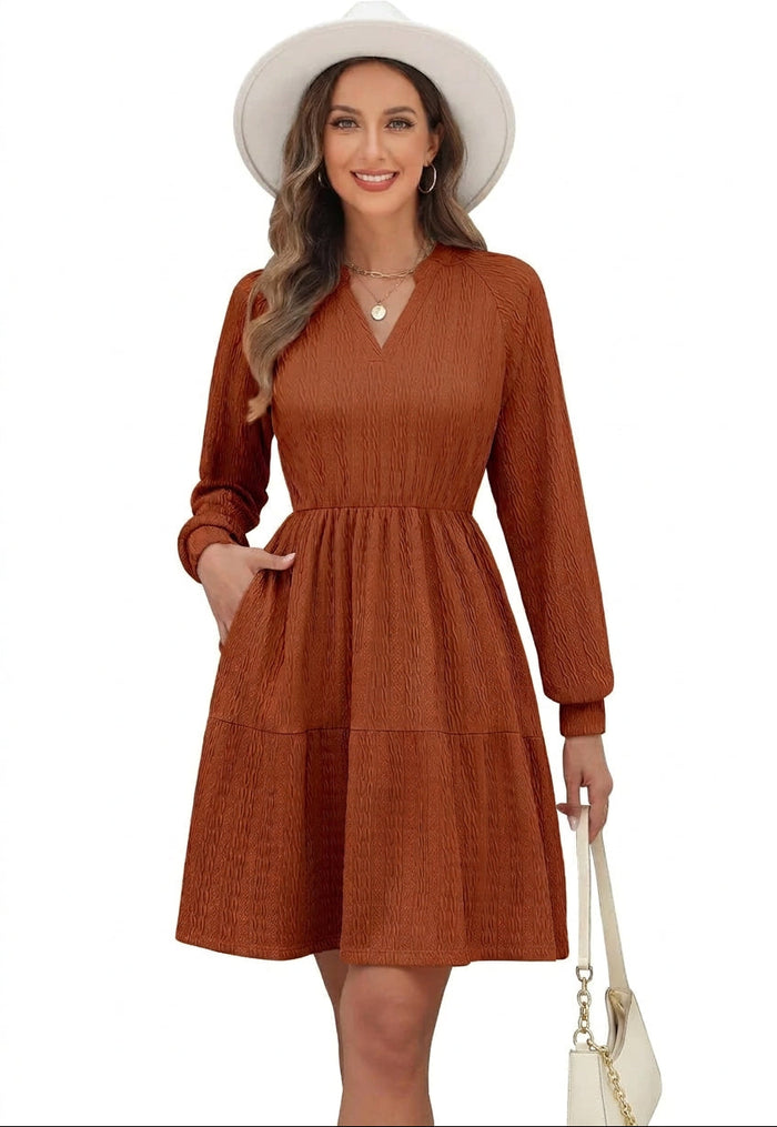 Robe midi femme à manches longues, col V et poches