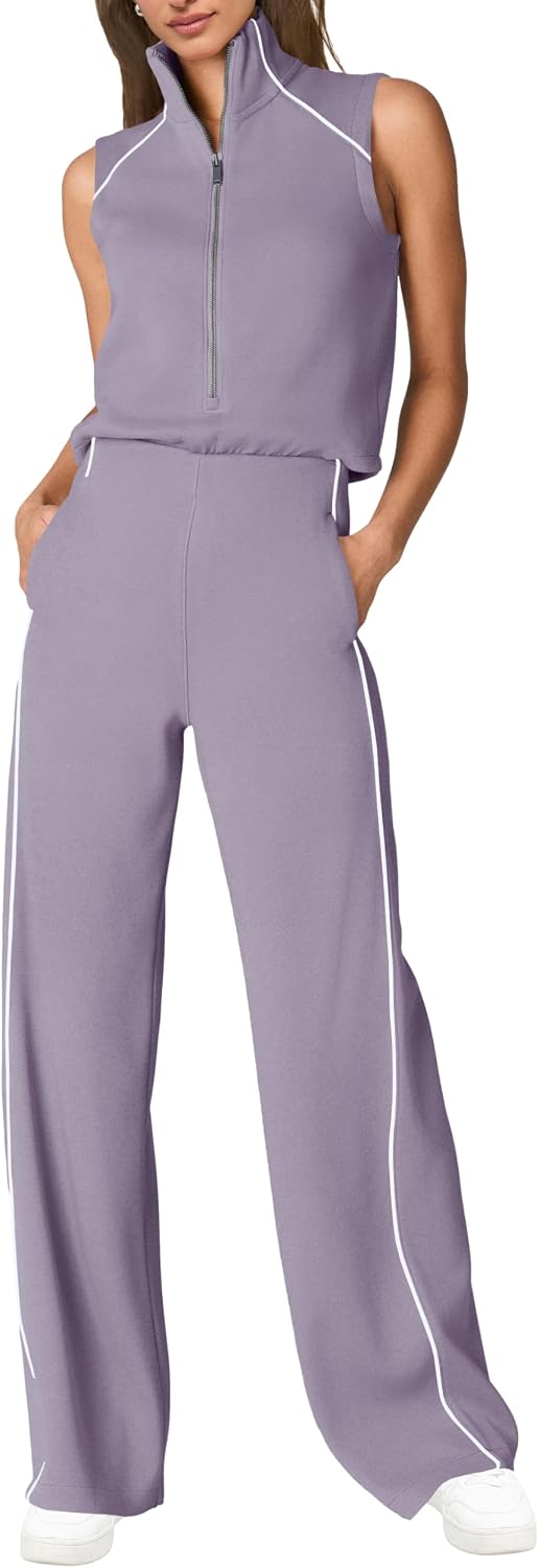 🖤 SENSERISE – Combinaison Femme Sans Manches, Col Montant Zippé & Pantalon Large avec Poches