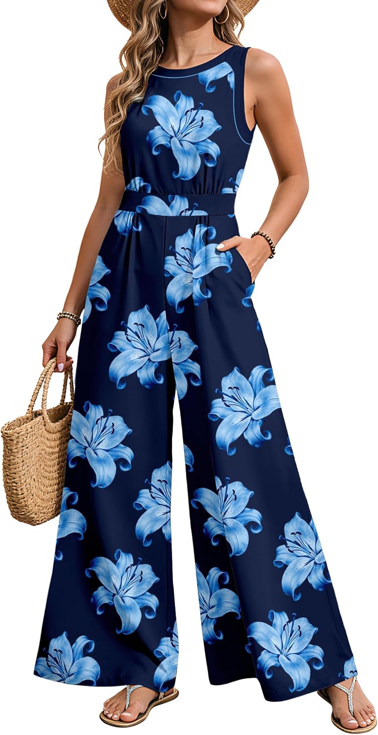 💙 AGERWAY – Combinaison Femme Fleurie Bleu Marine, Taille Smockée & Pantalon Large