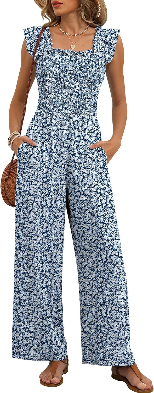 🤎 Caracilia – Combinaison élégante pour femme, corsage smocké, manches à volants et pantalon large avec poches
