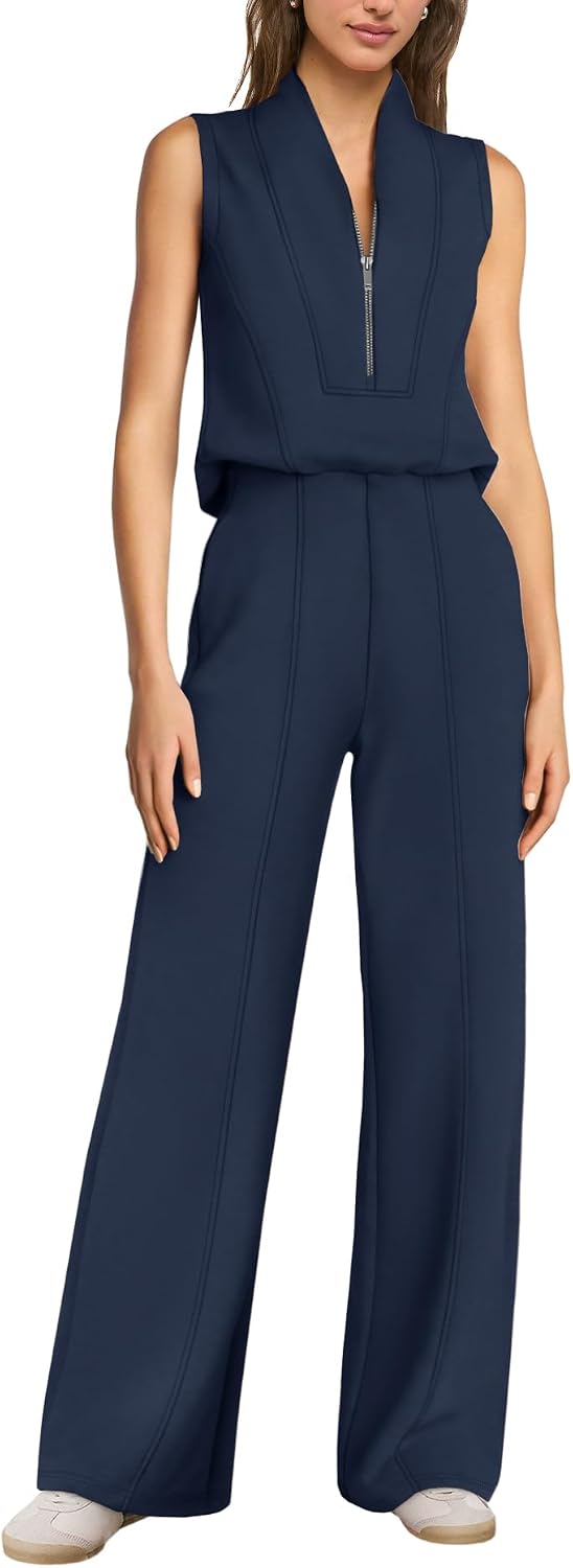 SENSERISE – Combinaison de voyage pour femme à jambes larges, demi-zip et coupe décontractée chic