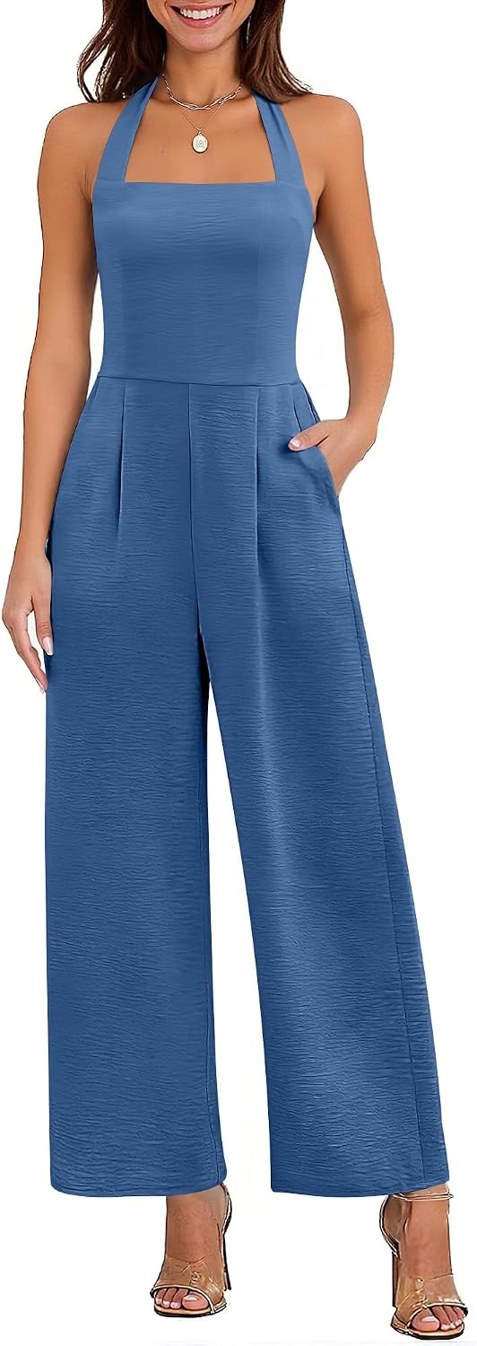 ✨ ANRABESS – Combinaison Femme Dos Nu, Taille Haute Smockée & Pantalon Large avec Poches