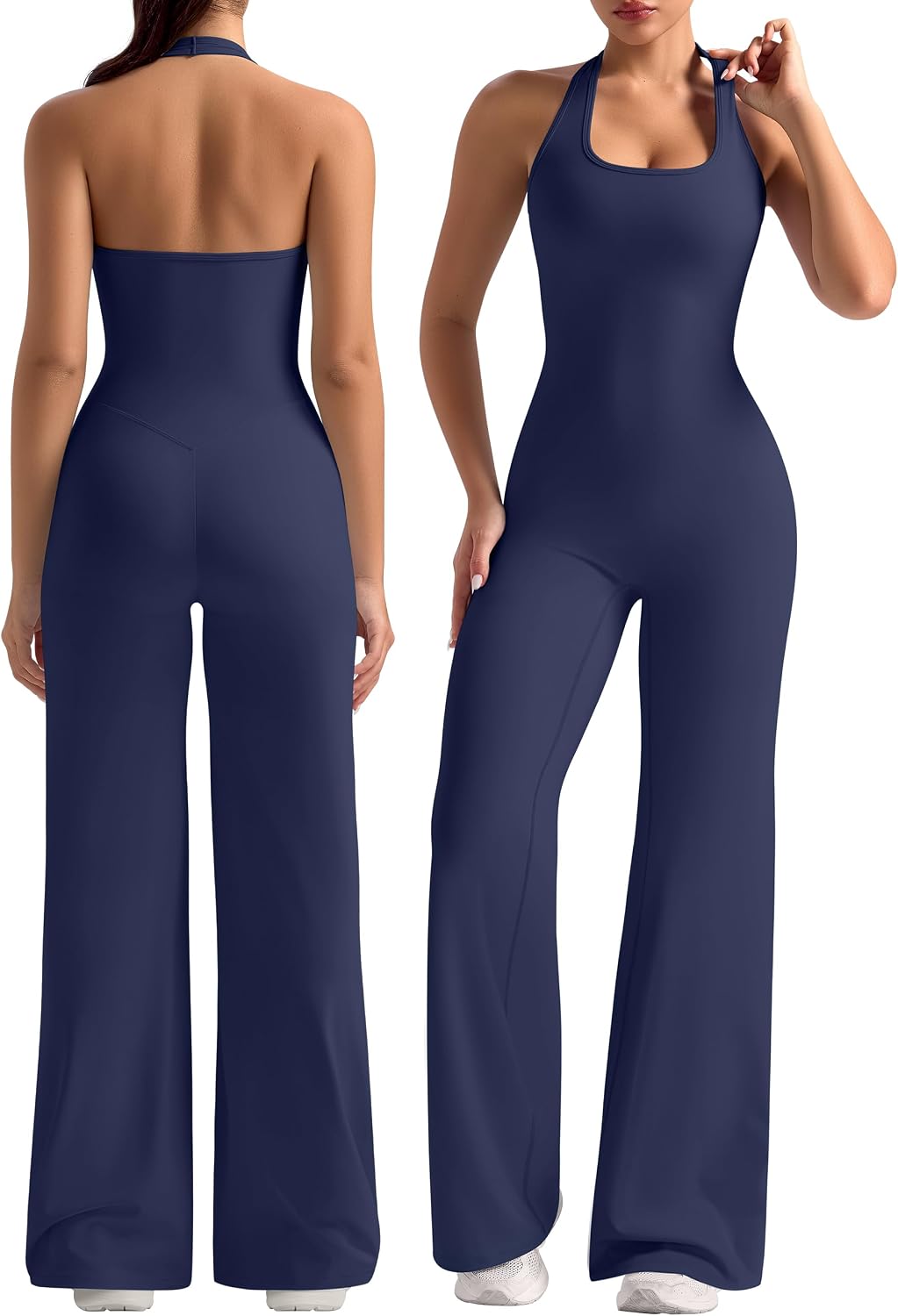 🖤 OLCHEE – Combinaison de sport femme dos nu, col licou & pantalon large sculptant
