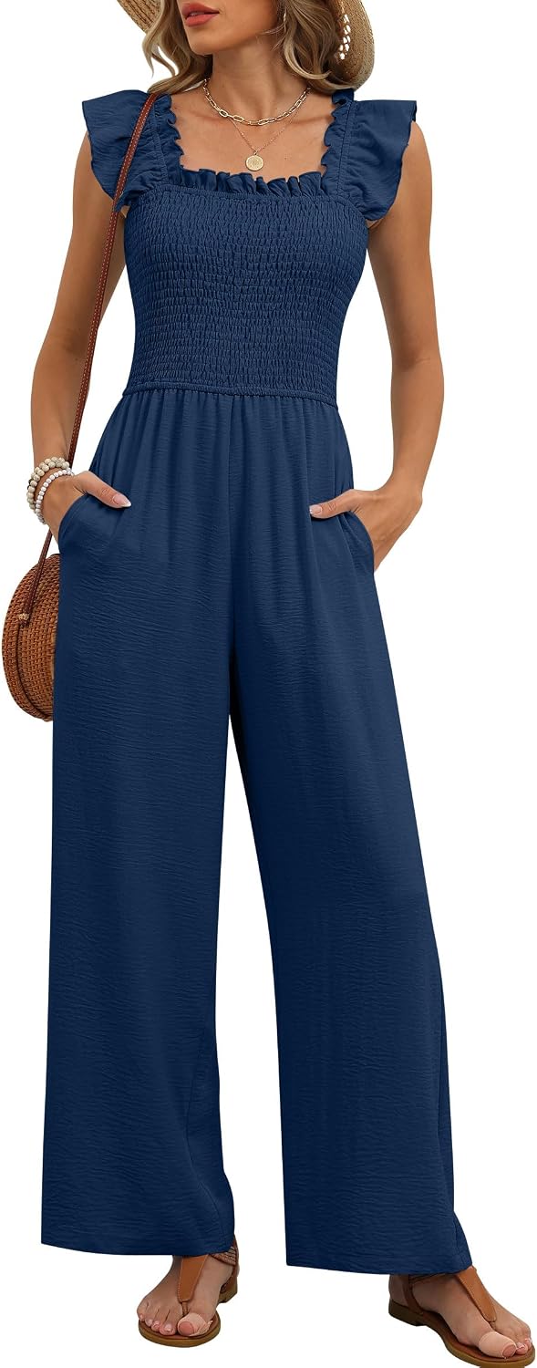 🤎 Caracilia – Combinaison élégante pour femme, corsage smocké, manches à volants et pantalon large avec poches