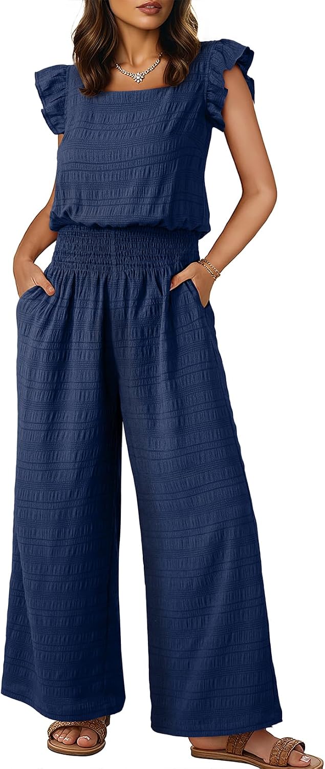Dokotoo – Combinaison femme smockée sans manches, col carré et pantalon large avec poches
