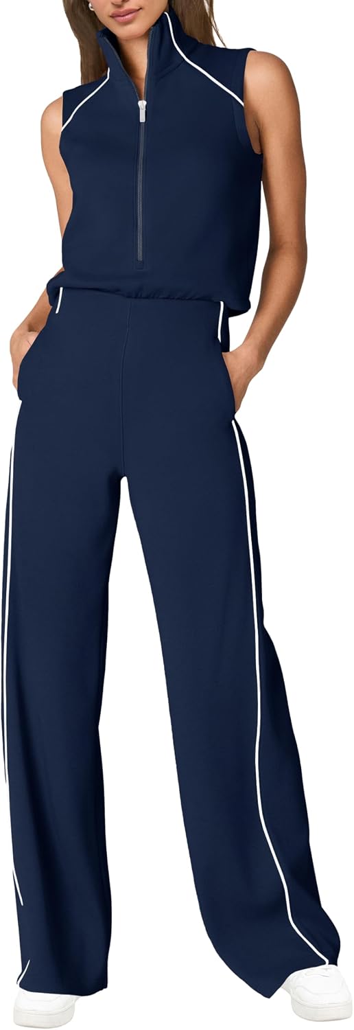 🖤 SENSERISE – Combinaison Femme Sans Manches, Col Montant Zippé & Pantalon Large avec Poches